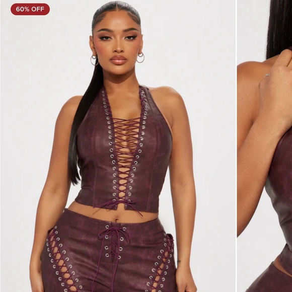 FASHIONNOVA BURGANDY LACE UP 2 PIECE FAUX LEATHER SET - Picture 2 of 7